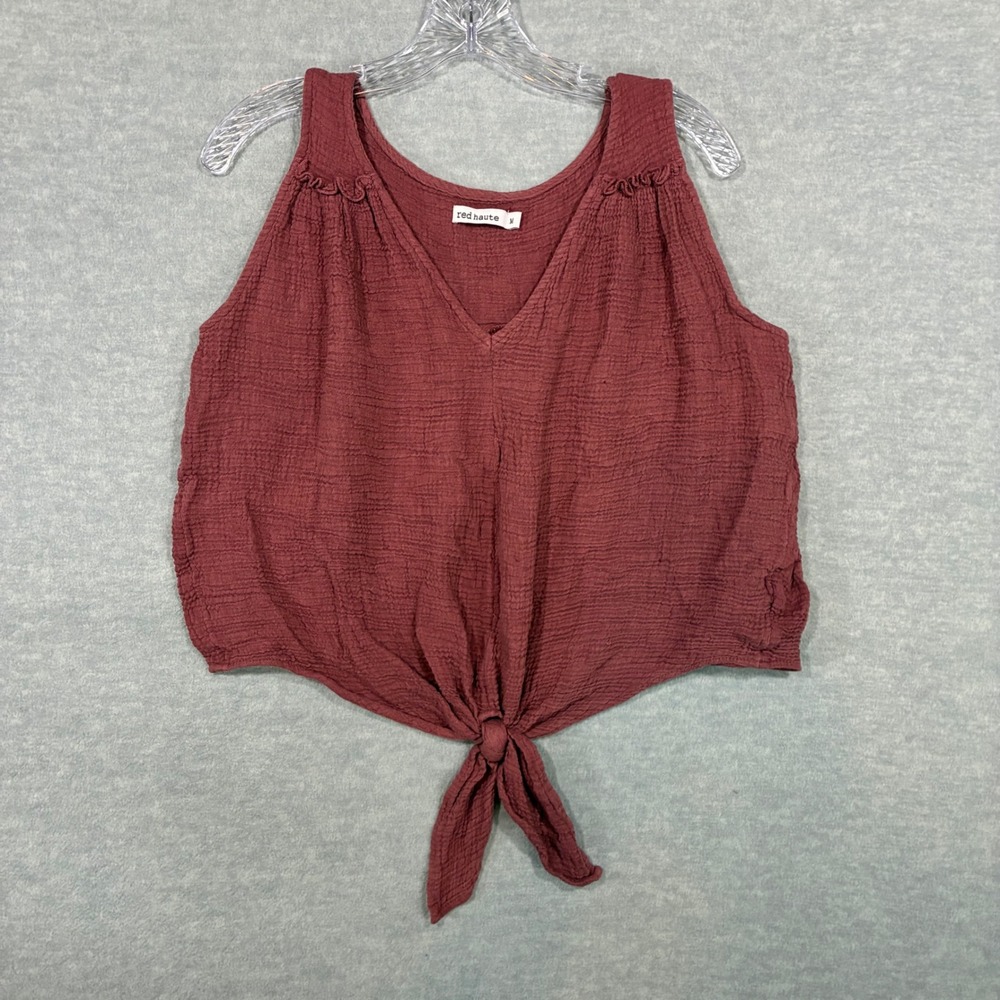 Red Haute Rose Brown Textured Tie Front V-Neck Sleeveless Top MB-6368E Medium